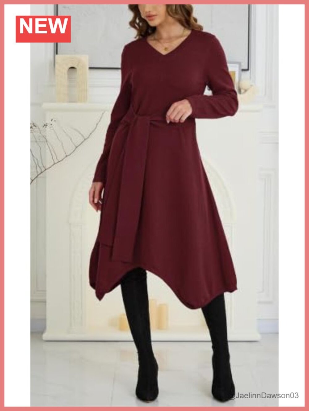Women's Tie Waist Midi Sweater Dress V Neck Long Sleeve A-Line Knit - Picture 2 of 5
